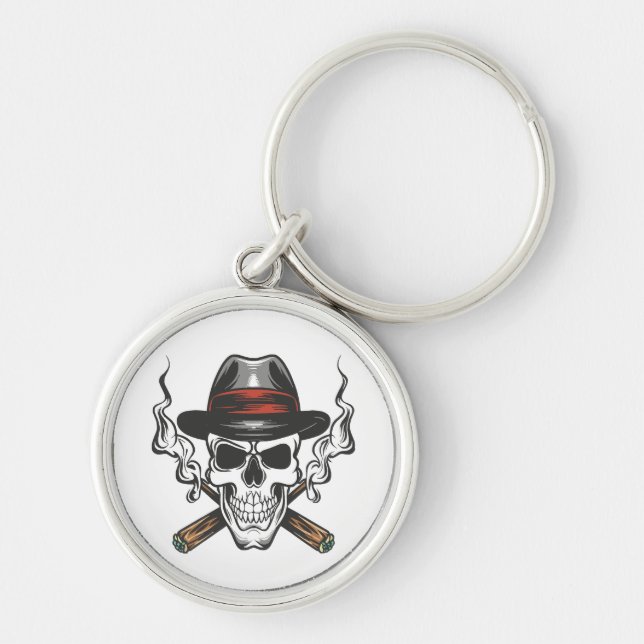 Gangster skull with fedora hat keychain (Front)