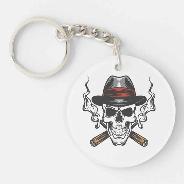 Gangster skull with fedora hat keychain (Front)