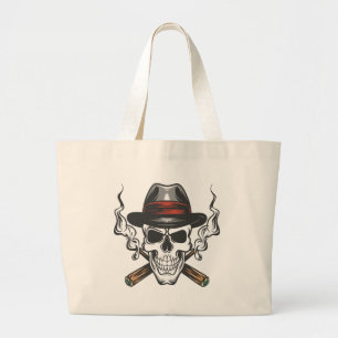 Gangster skull with fedora hat large tote bag