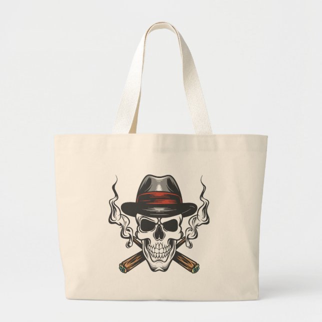 Gangster skull with fedora hat large tote bag (Front)