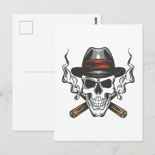 Gangster skull with fedora hat postcard
