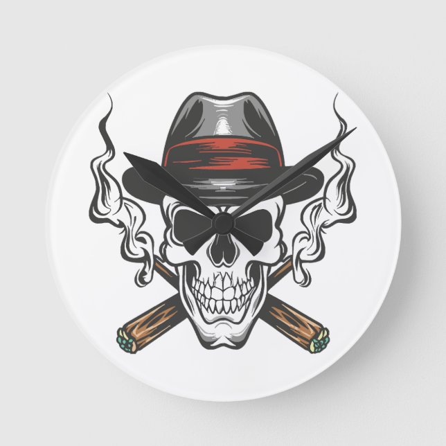 Gangster skull with fedora hat round clock (Front)
