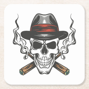 Gangster skull with fedora hat square paper coaster