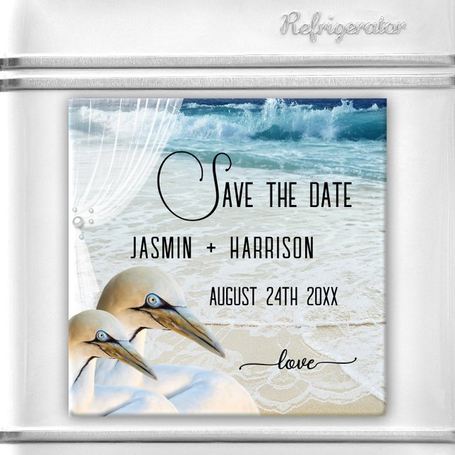 Gannet Beach Wedding Save the Date Magnet (Save the Date magnet featuring two beautiful gannets on a beach with wedding veil, pearls and lace)