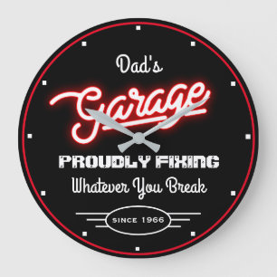Garage Dad's Any Name Fixing Handyman Red Black  Large Clock