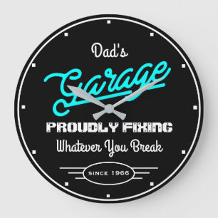 Garage Dad's Any Name Fixing Turquoise Black Funny Large Clock