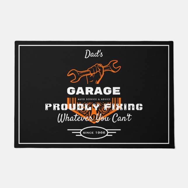 Garage Dad's or Any Name Proudly Fixing Funny Tool Doormat (Front)