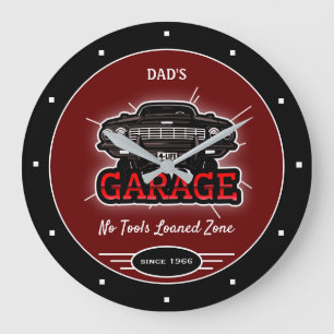 Garage Dad's or Any Name Retro No Tools Red Black Large Clock