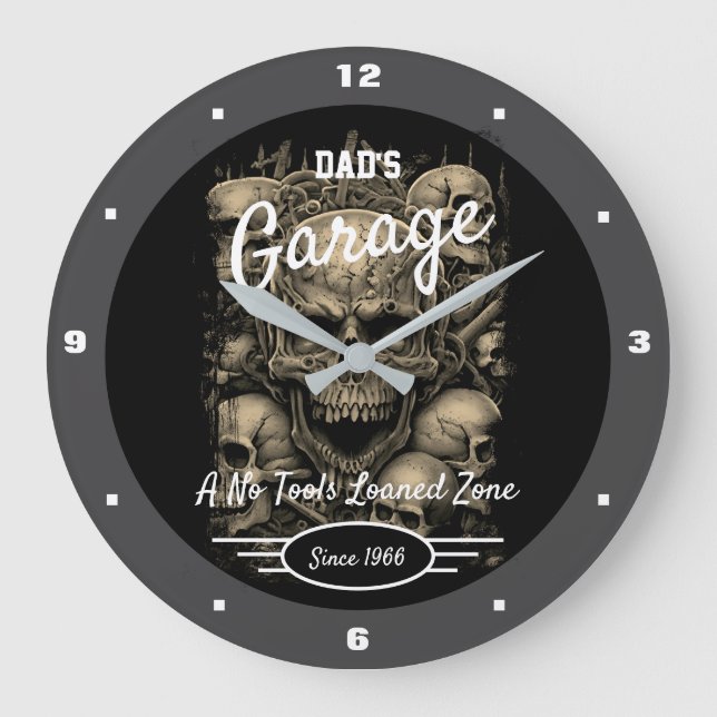 Garage Dad's or Any Name Skulls Black Grey Large Clock (Front)
