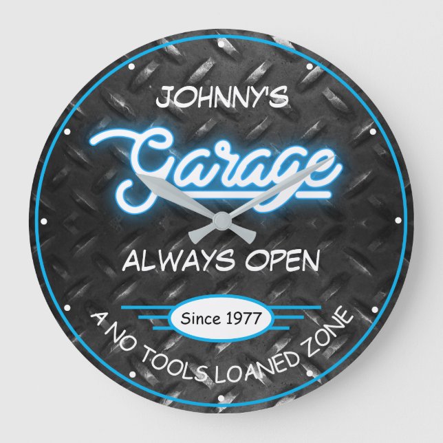 Garage for Any Name Faux Blue Neon Diamond Plate   Large Clock (Front)