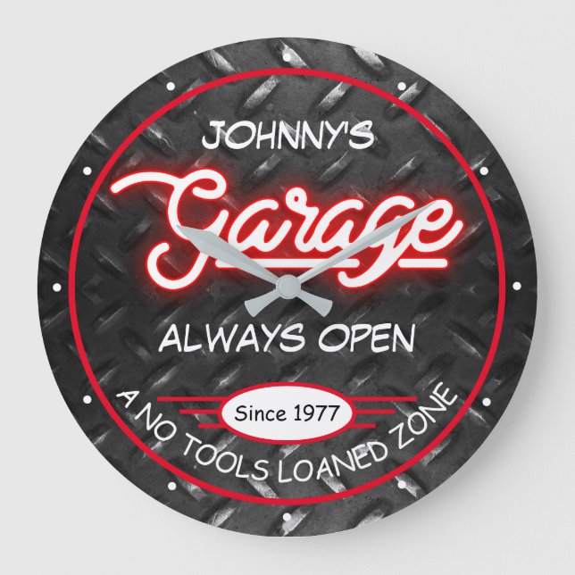 Garage for Any Name Faux Red Neon Diamond Plate   Large Clock (Front)