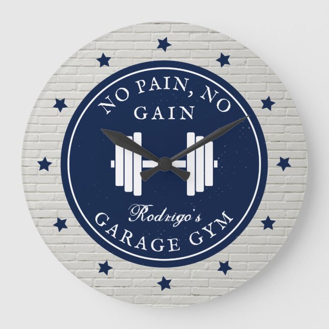 Garage Home Gym Workout Fitness Barbell Sport Name Large Clock (Front)