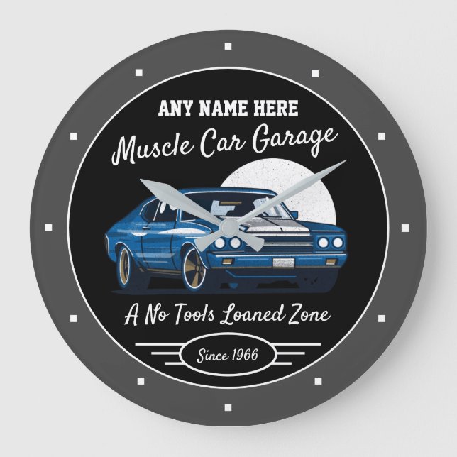 Garage Muscle Car For Any Name Blue Black Grey Large Clock (Front)