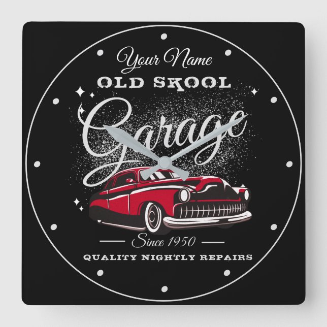 Garage Old School Your Name Low Rider Vintage Car Square Wall Clock (Front)