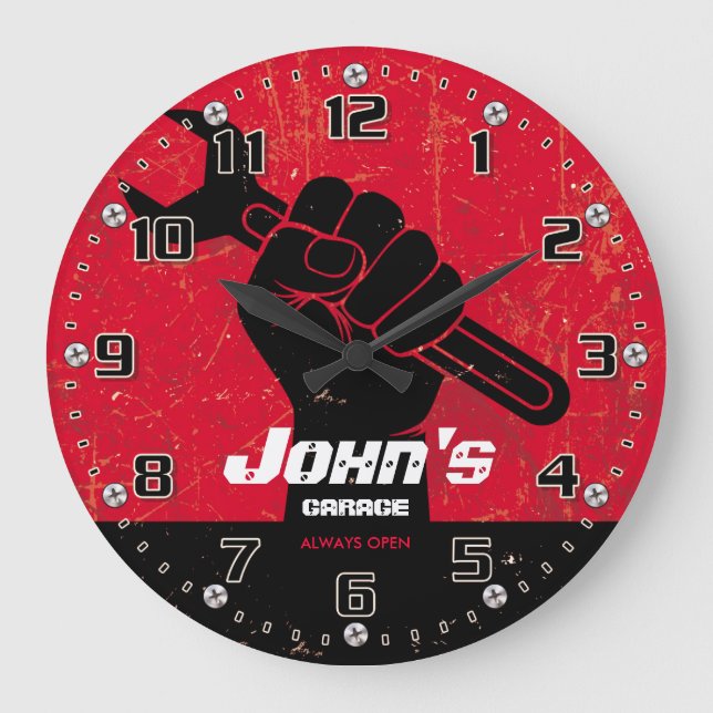 Garage Tools Man Cave Personalizable Retro-Style Large Clock (Front)