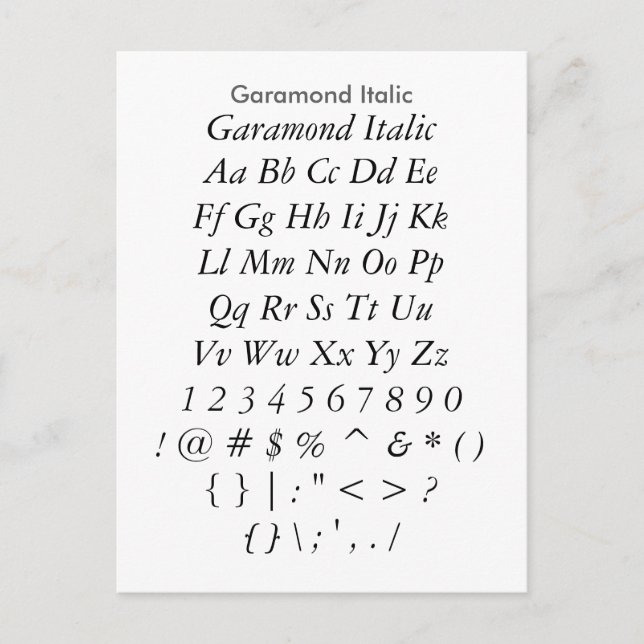 Garamond Italic - Zazzle Font Sampler Sheet Postcard (Front)