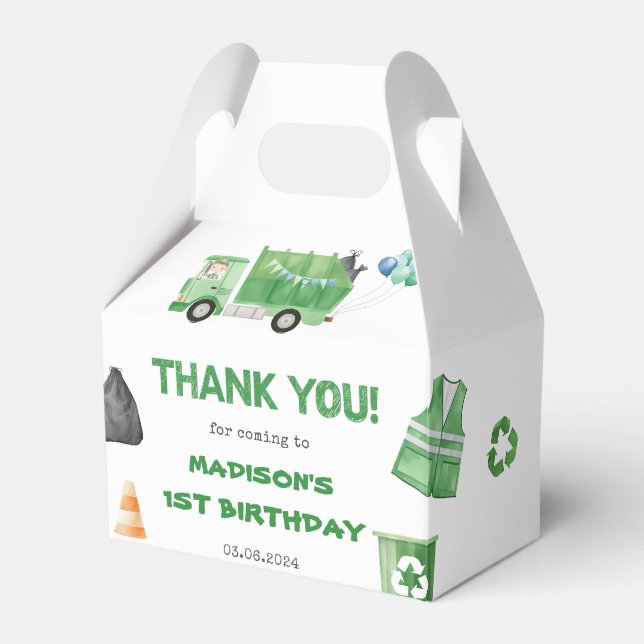 Garbage Trash Truck 1st Birthday Party Favor Box (Front Side)