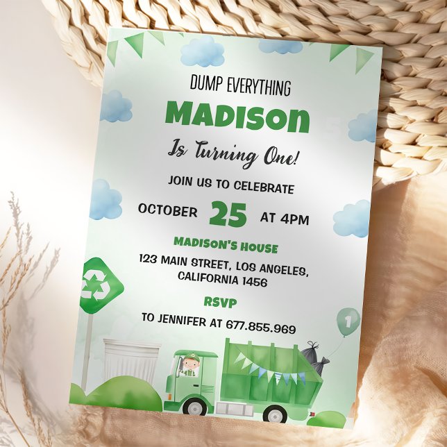 Garbage Trash Truck 1st Birthday Party  Invitation (Creator Uploaded)