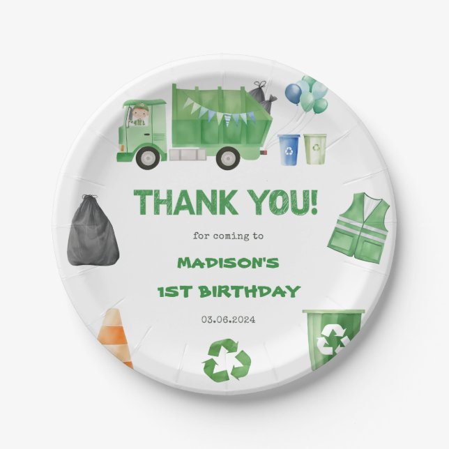 Garbage Trash Truck 1st Birthday Party Paper Plate (Front)