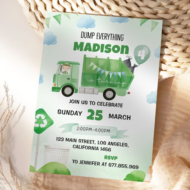 Garbage Trash Truck 4th Birthday Party  Invitation (Creator Uploaded)