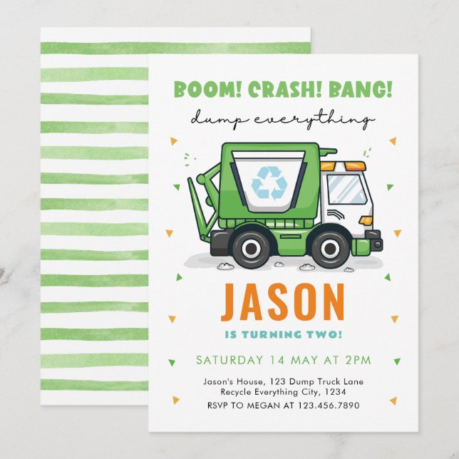 Garbage Truck Anniversaire Invitation (Devant / Derrière)