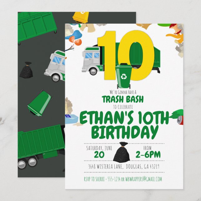 Garbage Truck Birthday Garbage Truck 10th Birthday Invitation (Front/Back)