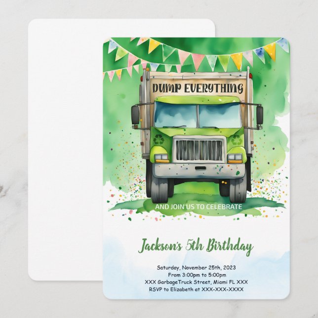 Garbage Truck Birthday  Invitation (Front/Back)