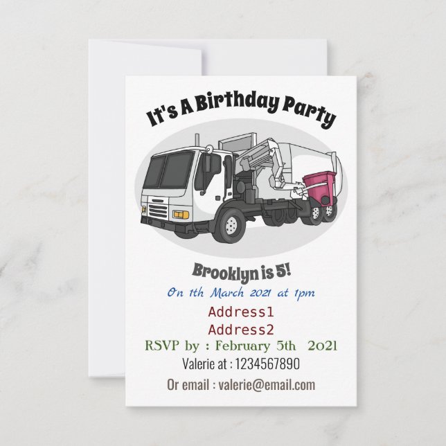Garbage truck cartoon illustration invitation (Front)