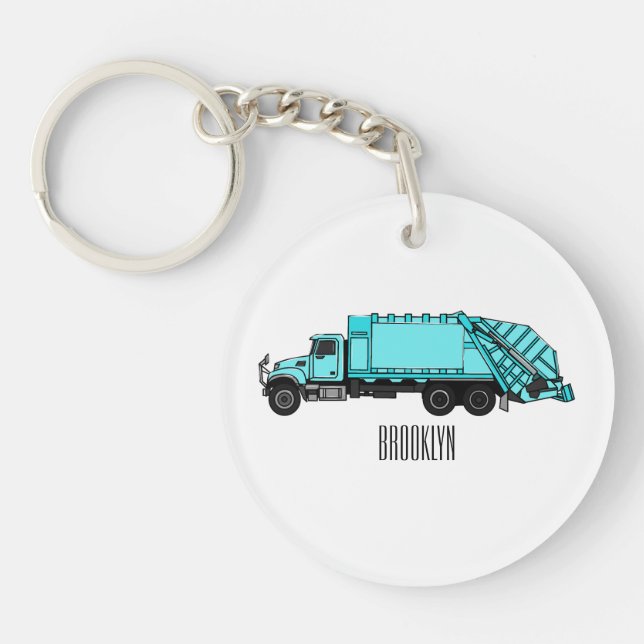 Garbage truck cartoon illustration keychain (Front)