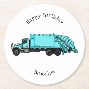 Garbage truck cartoon illustration round paper coaster
