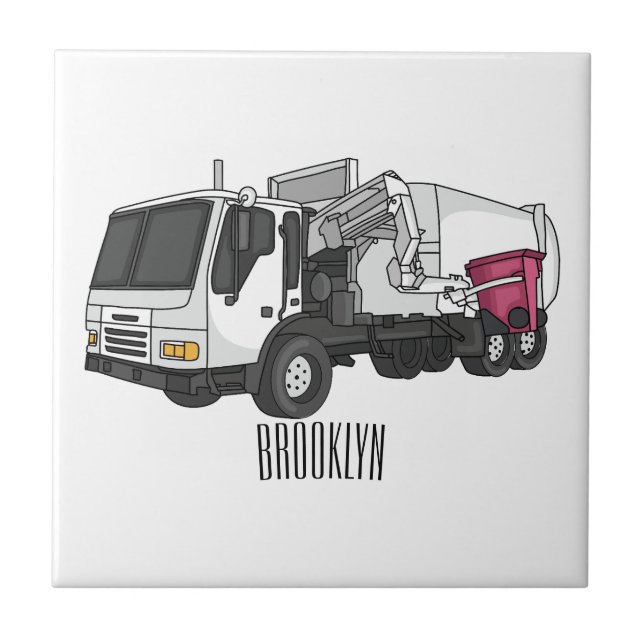 Garbage truck cartoon illustration tile (Front)