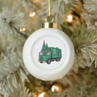 Garbage Truck Christmas Santa Wreath Sanitation Ceramic Ball Christmas Ornament