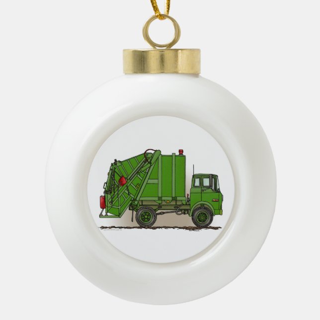 Garbage Truck Green Ceramic Ball Christmas Ornament (Front)