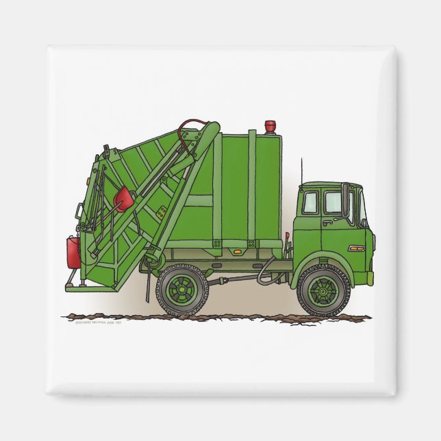 Garbage Truck Green Square Magnet (Front)