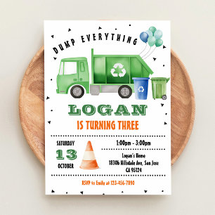 Garbage Truck Orange Construction 3rd Birthday Invitation