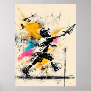 Garçon avec plan en papier - Poster Graffiti Art S