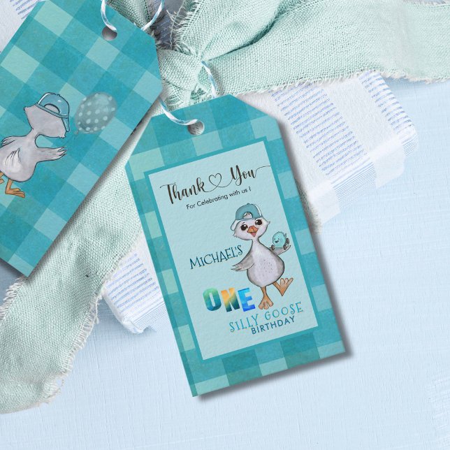 Garçon Dinde Idiote 1er Anniversaire Étiquette Cad (Boy Silly Goose 1st Birthday Blue Plaid Gift Tag)
