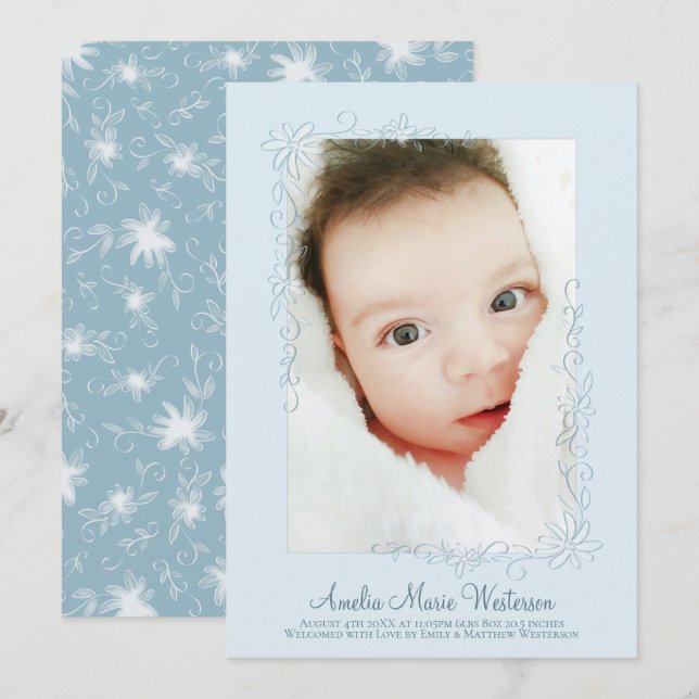 Garçon Faire-part de naissance bleu vintage (Devant / Derrière)