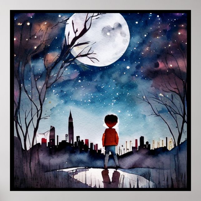 Garçon sous la Pleine lune Aquarelle affiche (Devant)