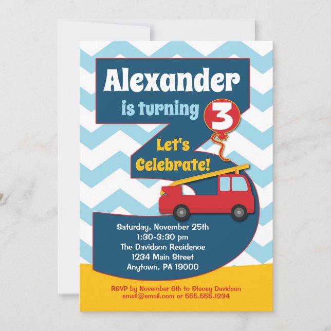 Garçons 3e anniversaire Invitation Camion d'incend (Devant)