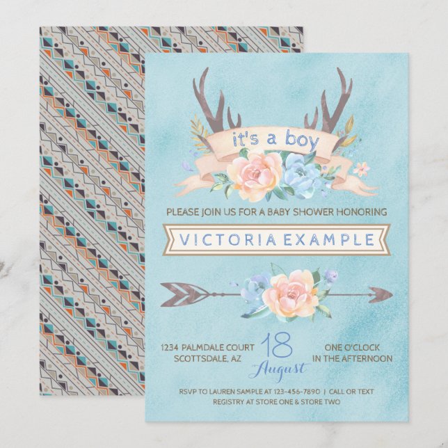 Garçons Tribal Antler Baby Shower Invitations (Devant / Derrière)