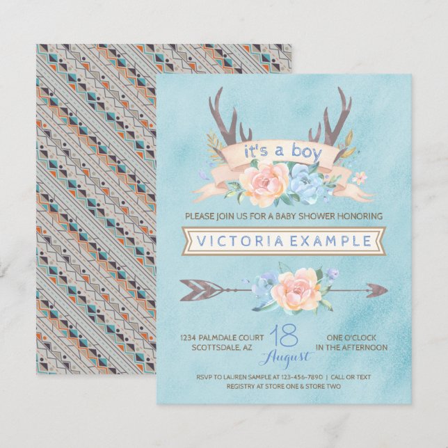 Garçons Tribal Antler Boho Baby Shower Invitations (Devant / Derrière)