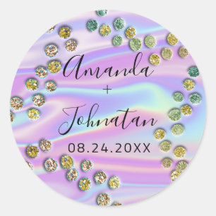 Garden Abstract Dots Name Date Black Holographic  Classic Round Sticker
