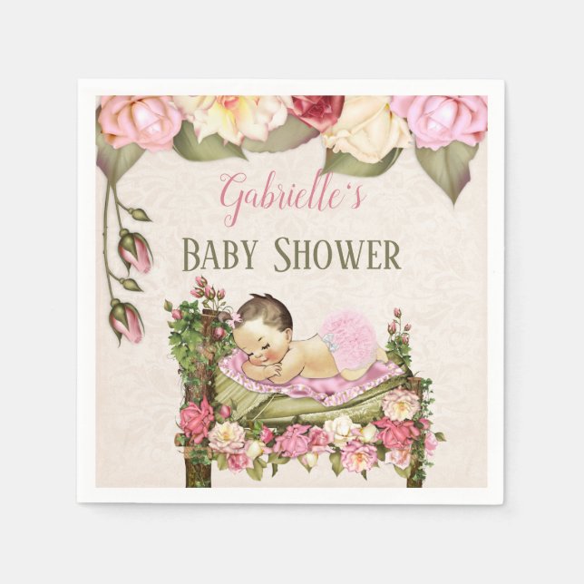 Garden Baby Shower Bed Roses Girl Pink Ivory Napkin (Front)