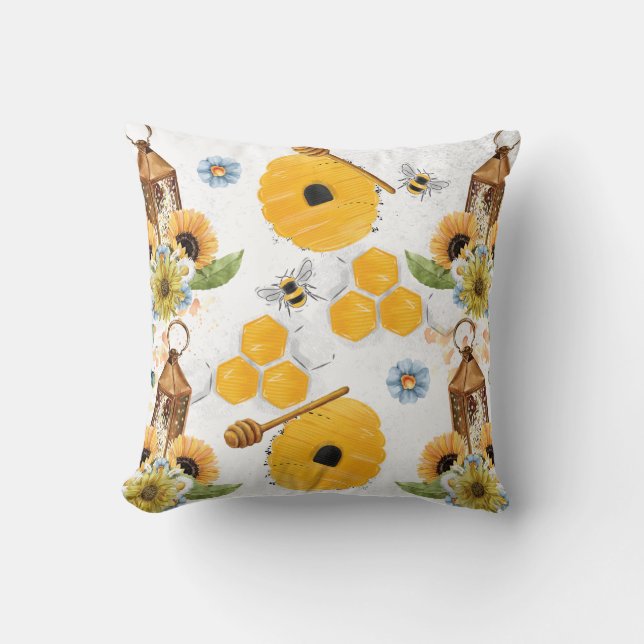 Garden Bee Sunflower Pattern Throw Pillow (Front)