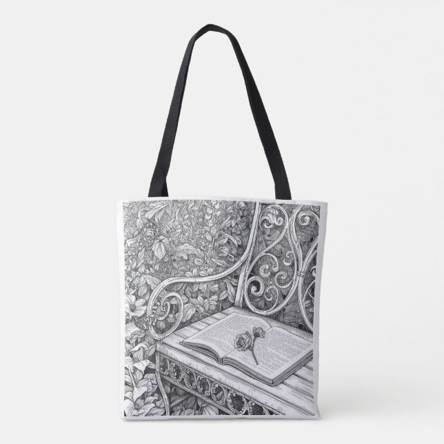 Garden Bench & Book Aesthetic Ink Art Tote Bag (Back)