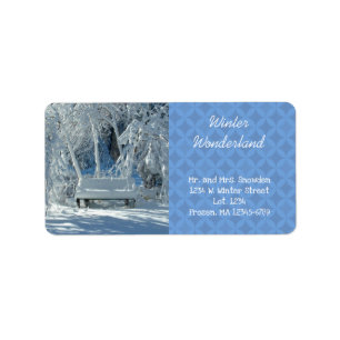 Garden Bench In The Snow / Blue Pattern / Winter / Label