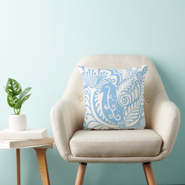 Garden Bird Light Blue and White Throw Pillow (Chair)
