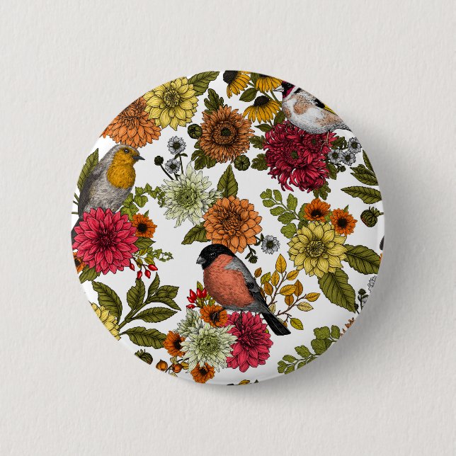 Garden birds and flowers 1 2 inch round button (Front)