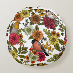 Garden birds and flowers 1 round pillow